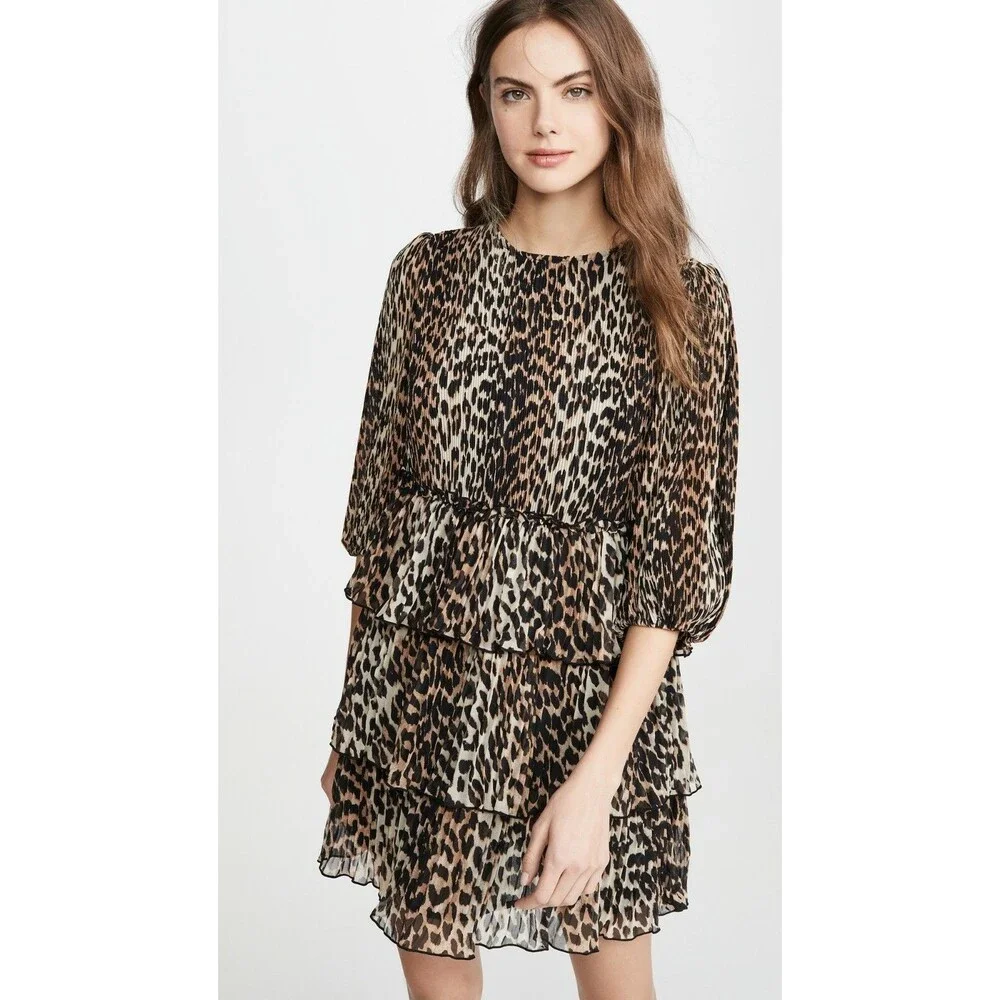 NWT Ganni Leopard Pleated Georgette Tiered Ruffle Dress 36(4), 38(6), 40(8) $235 - Picture 4 of 12